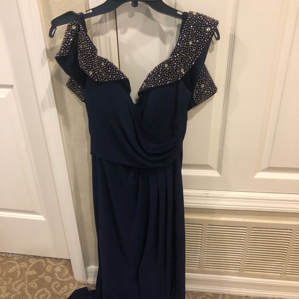 navy blue off the shoulder prom dress